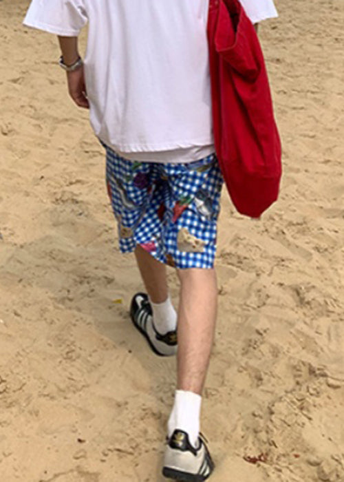 Blue Plaid Print Elastic Waist Cotton Beach Shorts Summer