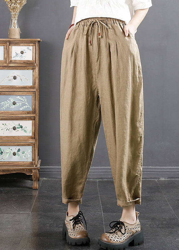 Blue Pockets Cinched Elastic Waist Linen Crop Pants Fall