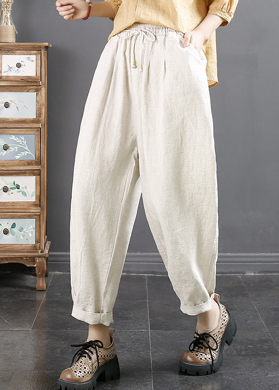 Blue Pockets Cinched Elastic Waist Linen Crop Pants Fall