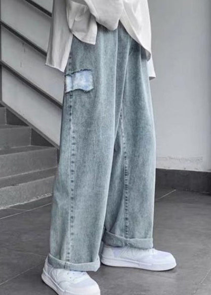 Blue Pockets Denim Wide Leg Pants Fall