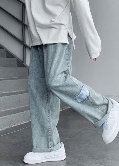 Blue Pockets Denim Wide Leg Pants Fall