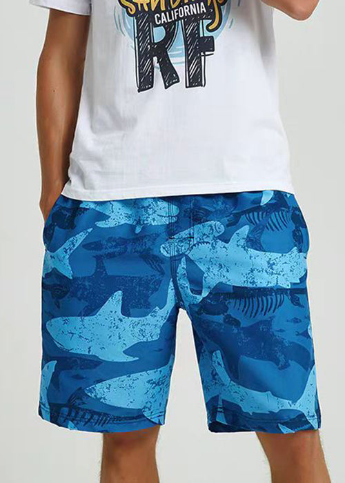 Blue Pockets Elastic Waist Cotton Shorts Summer