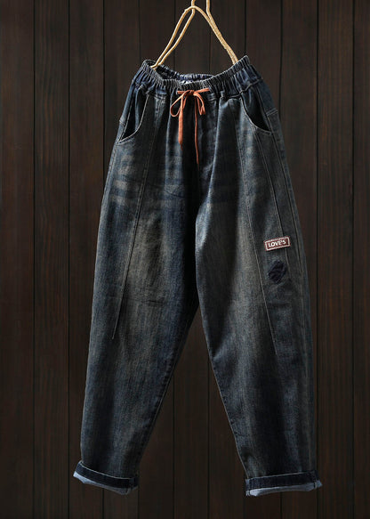 Blue Pockets Elastic Waist Patchwork Denim Harem Pants Spring