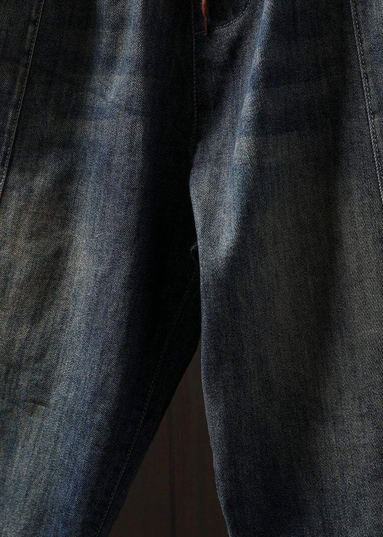 Blue Pockets Elastic Waist Patchwork Denim Harem Pants Spring