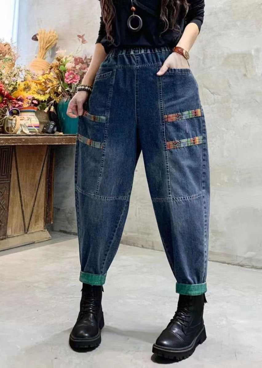 Blue Pockets Patchwork Applique Denim Harem Pants
