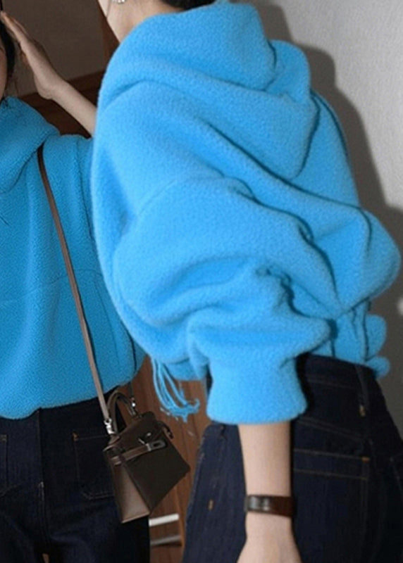 Blue Pockets Patchwork Faux Fur Hooded Sweatshirts Fall