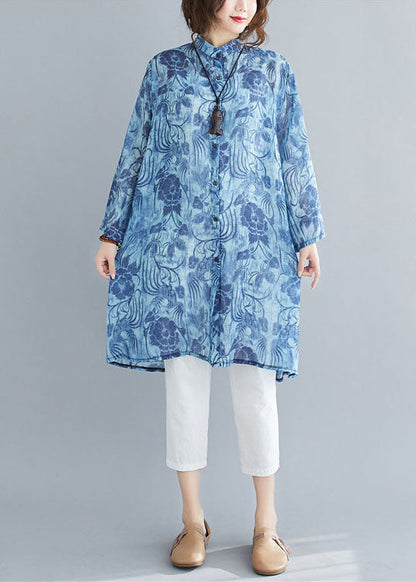 Blue Print Button Patchwork Linen Mid Shirts Dress Spring