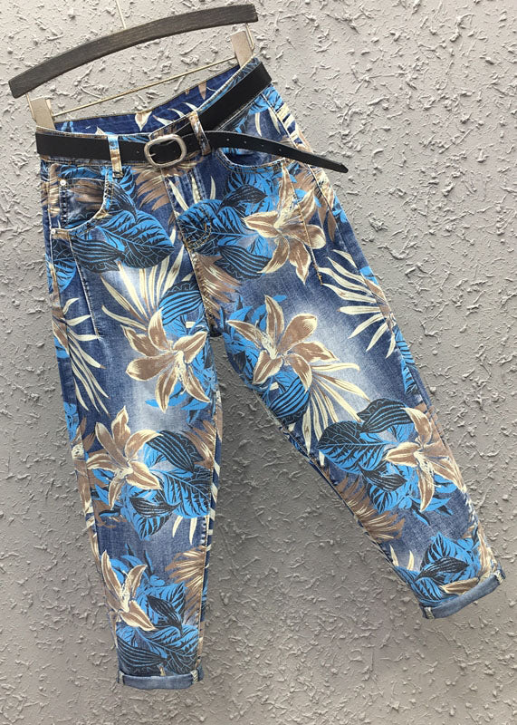 Blue Print High Waist Sashes Harem Pants