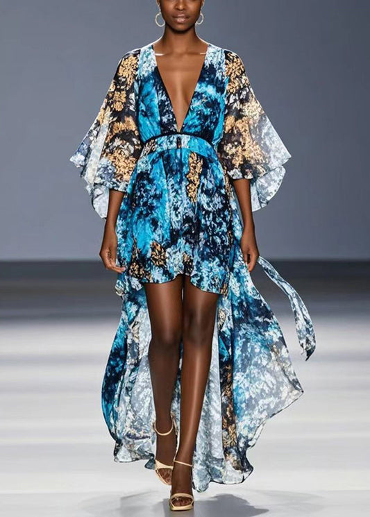 Blue Print Low High Design Chiffon Robe Dresses Summer