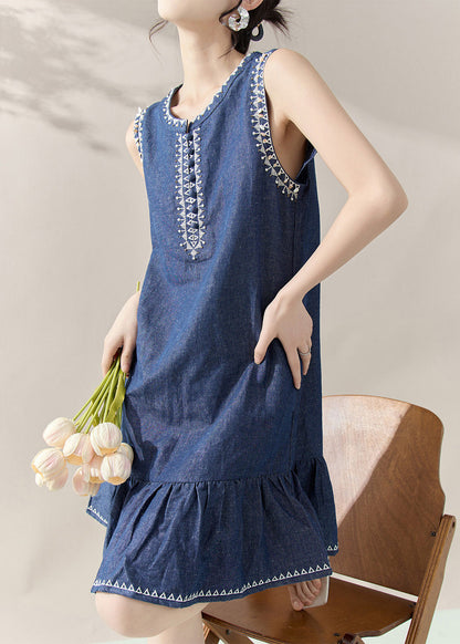 Blue Print Patchwork Denim Mid Dresses Sleeveless