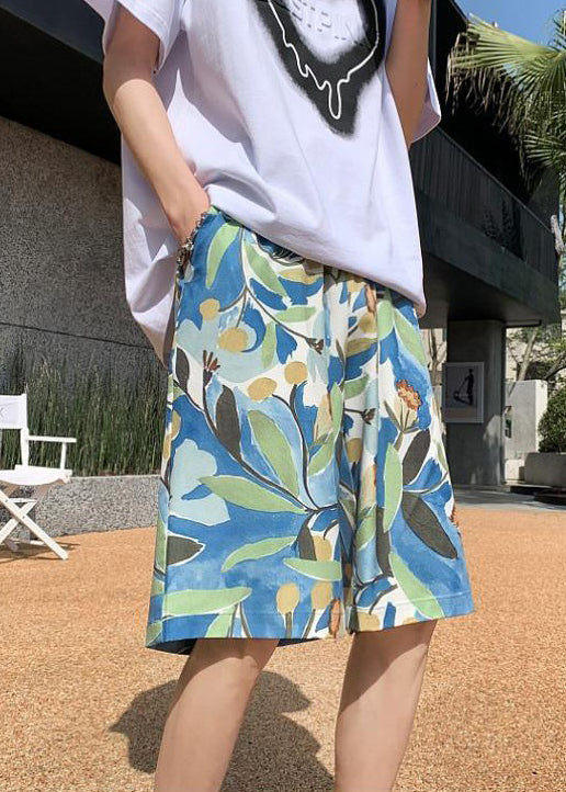 Blue Print Pockets Cotton Summer Shorts