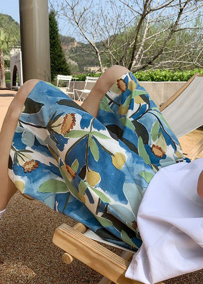 Blue Print Pockets Cotton Summer Shorts