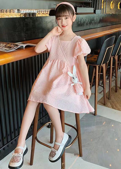 Blue Puff Sleeve Bow Rabbit Cotton Kids Long Dress Summer