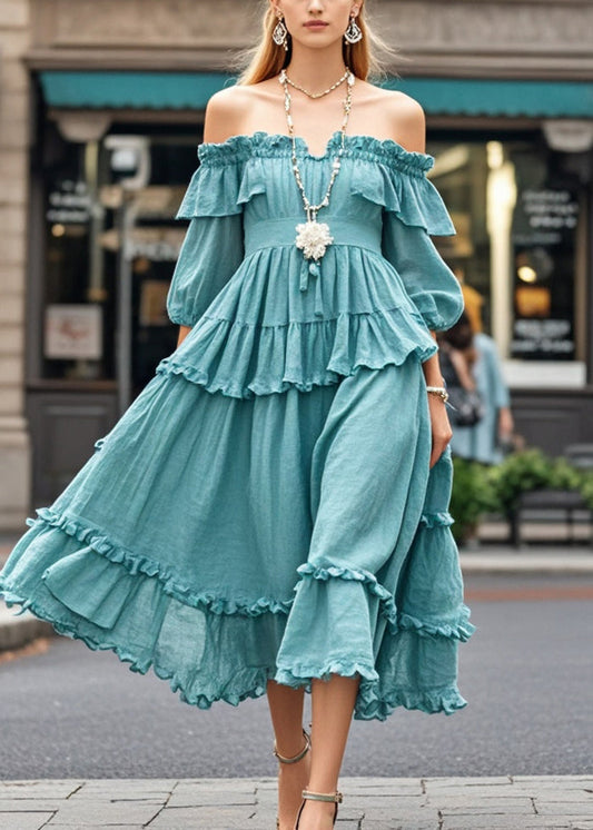 Blue Ruffled Cold Shoulder Cotton Dress Summer
