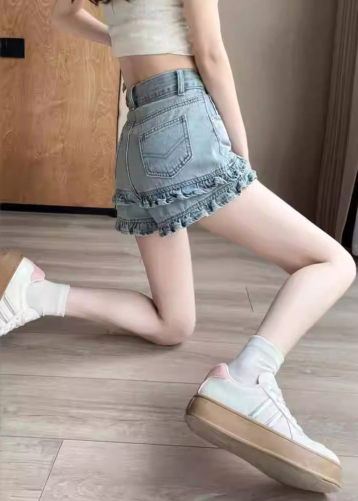 Blue Ruffled Patchwork Denim Shorts Summer