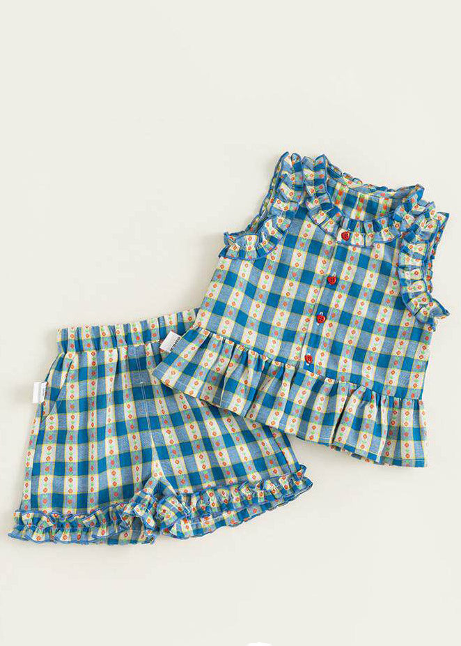 Blue Ruffled Print Kids Vest and Shorts Two Pieces Set Sleeveless