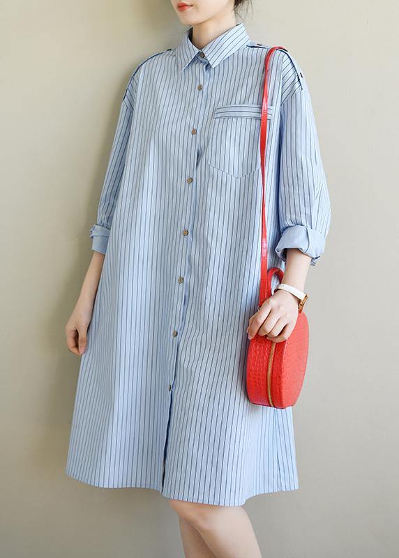 Blue Striped Cotton Long Sleeve Spring Dresses