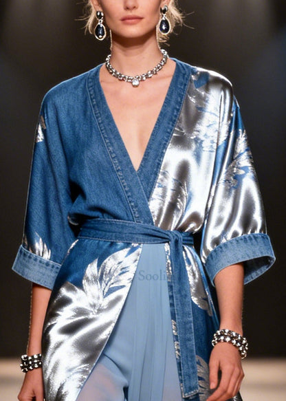 Blue Tie Waist Print Denim Fake Two Piece Dress Summer