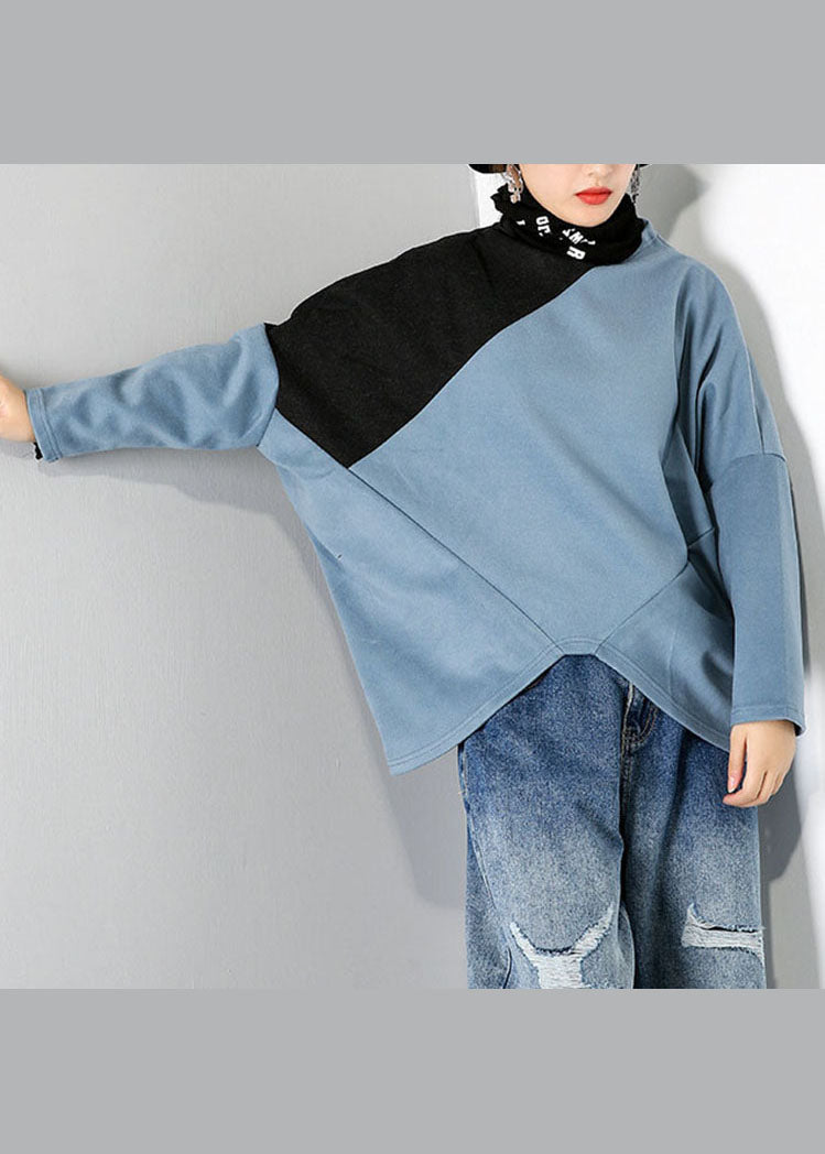 Casual Blue Turtle Neck Patchwork Tops Spring