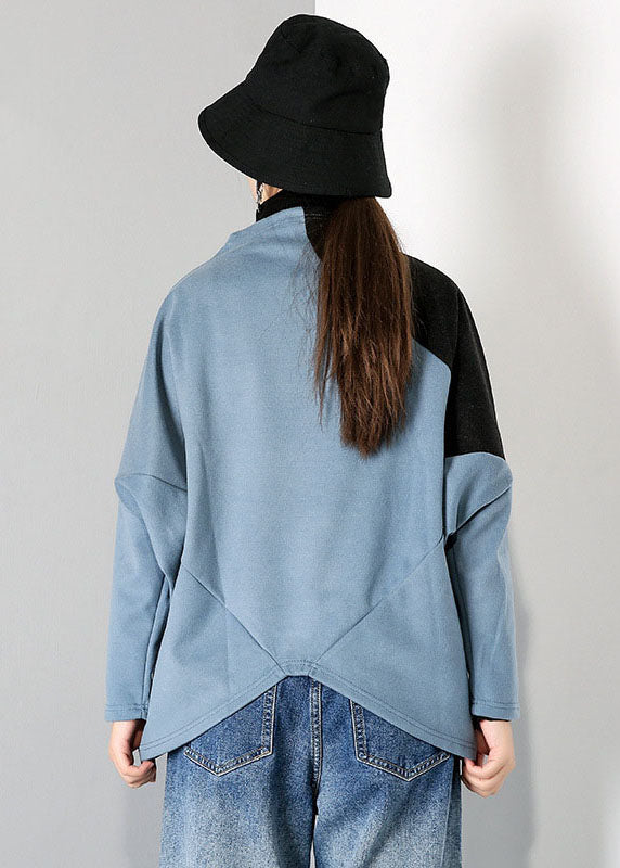 Casual Blue Turtle Neck Patchwork Tops Spring
