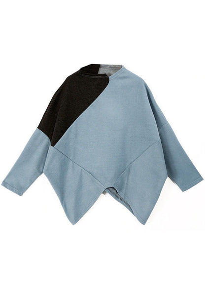 Casual Blue Turtle Neck Patchwork Tops Spring