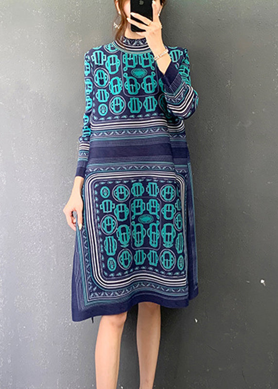 Blue Turtleneck Print Patchwork Holiday Dress Long Sleeve