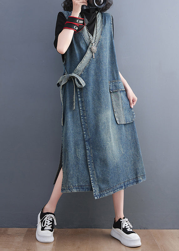 Blue V Neck Asymmetrical Patchwork Tie Waist Denim Long Dresses Sleeveless