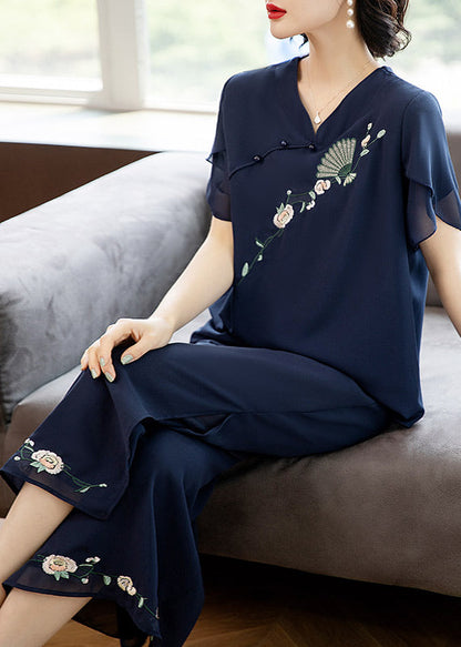 Blue V Neck Embroidered Chiffon Top and Crop Pants Two-piece Set Summer