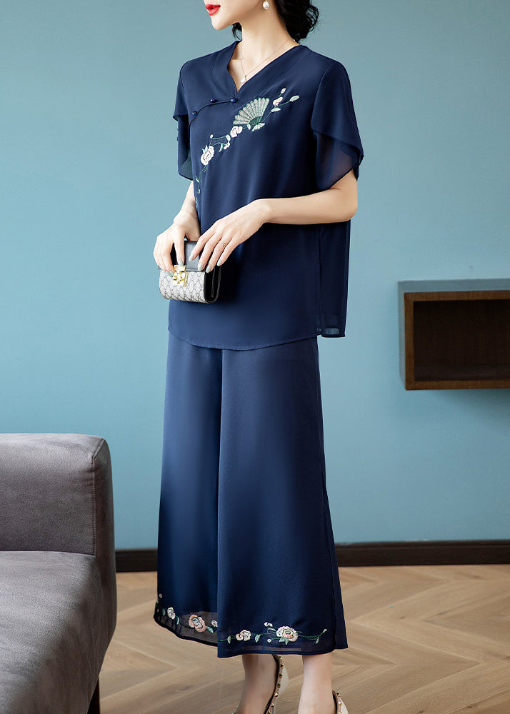 Blue V Neck Embroidered Chiffon Top and Crop Pants Two-piece Set Summer