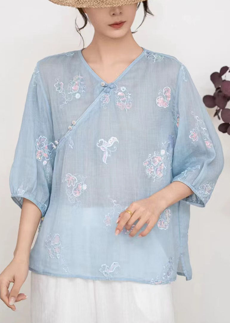 Blue V Neck Embroidered Linen T Shirt Tops Summer