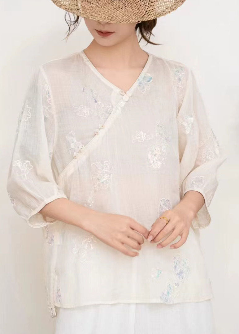 Blue V Neck Embroidered Linen T Shirt Tops Summer