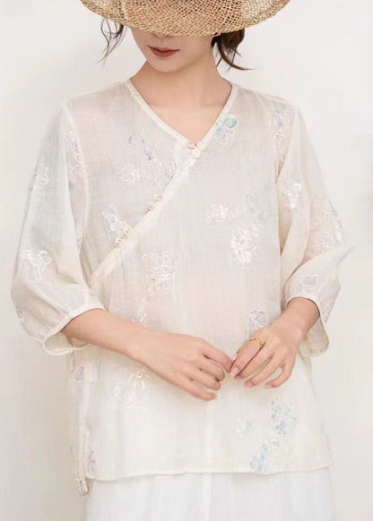 Blue V Neck Embroidered Linen T Shirt Tops Summer