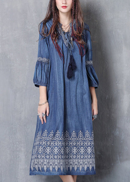 Blue V Neck Embroideried Cotton Vacation Dresses Lantern Sleeve