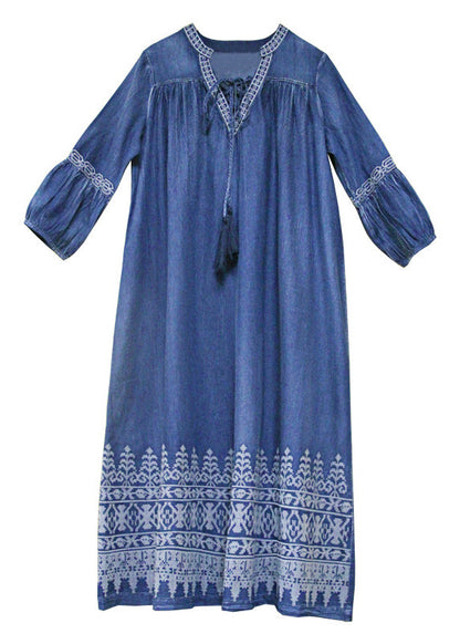 Blue V Neck Embroideried Cotton Vacation Dresses Lantern Sleeve