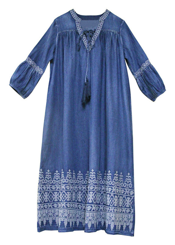 Blue V Neck Embroideried Cotton Vacation Dresses Lantern Sleeve