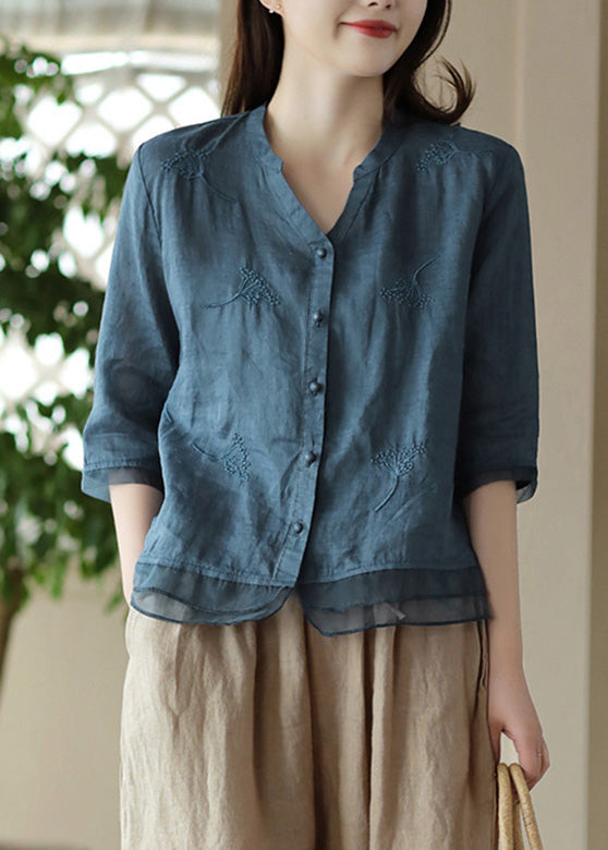 Black Strips V Neck Embroidered Ramie Shirt Half Sleeve