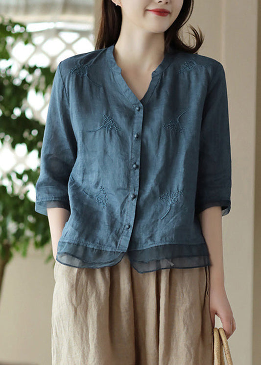 Blue V Neck Embroideried Ramie Shirt Half Sleeve