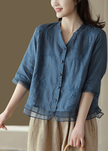 Green V Neck Embroidered Ramie Shirt Half Sleeve
