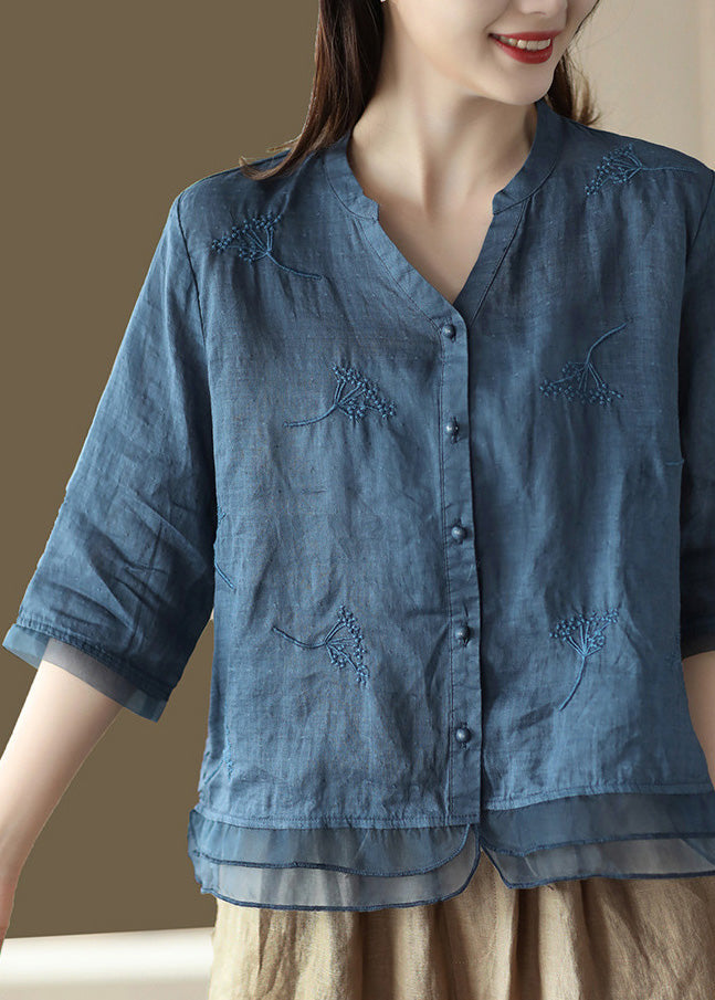 Yellow V Neck Embroidered Ramie Shirt Half Sleeve