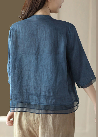 Green V Neck Embroidered Ramie Shirt Half Sleeve