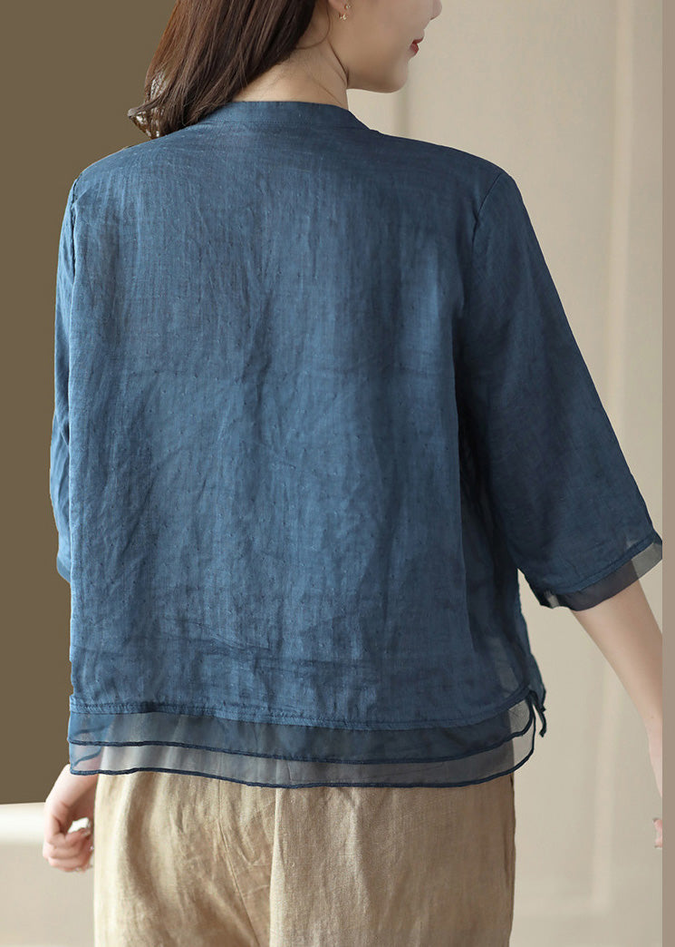 Green V Neck Embroidered Ramie Shirt Half Sleeve