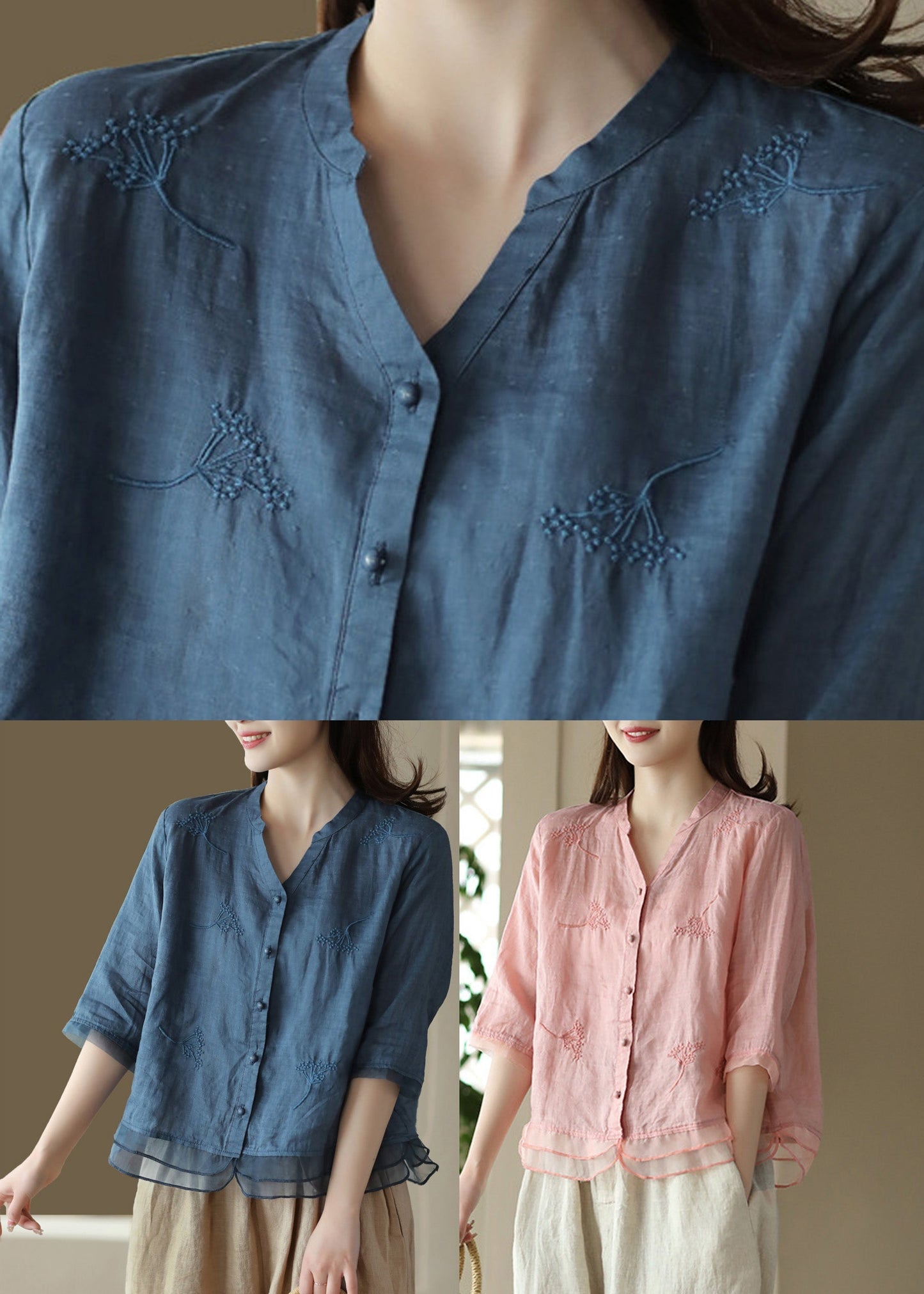Black Strips V Neck Embroidered Ramie Shirt Half Sleeve