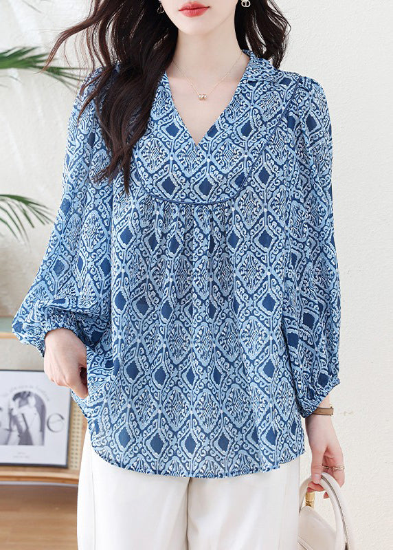 Casual Blue V Neck Geometric Print Chiffon Blouse Top Lantern Sleeve