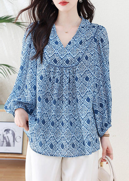 Casual Blue V Neck Geometric Print Chiffon Blouse Top Lantern Sleeve
