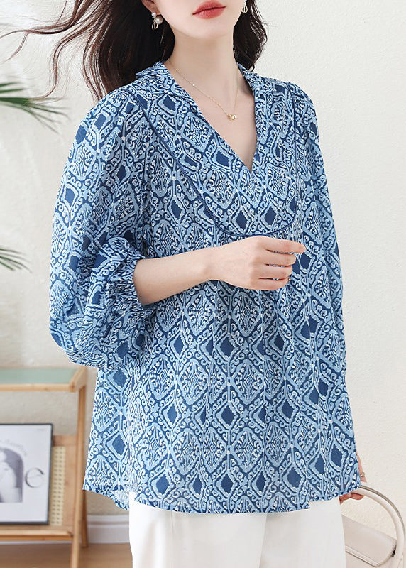 Casual Blue V Neck Geometric Print Chiffon Blouse Top Lantern Sleeve