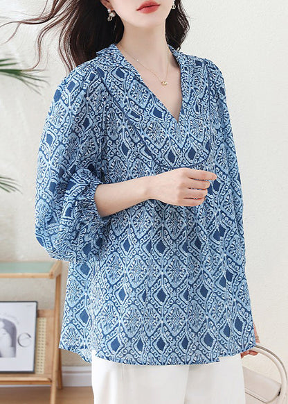 Casual Blue V Neck Geometric Print Chiffon Blouse Top Lantern Sleeve