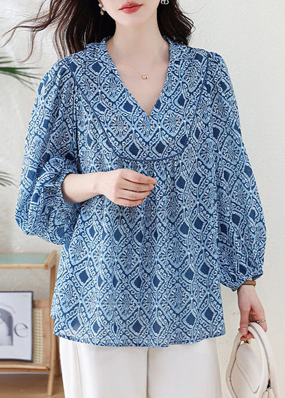 Casual Blue V Neck Geometric Print Chiffon Blouse Top Lantern Sleeve