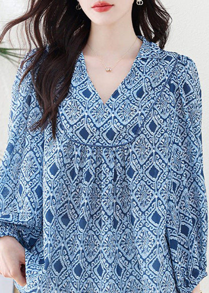 Casual Blue V Neck Geometric Print Chiffon Blouse Top Lantern Sleeve