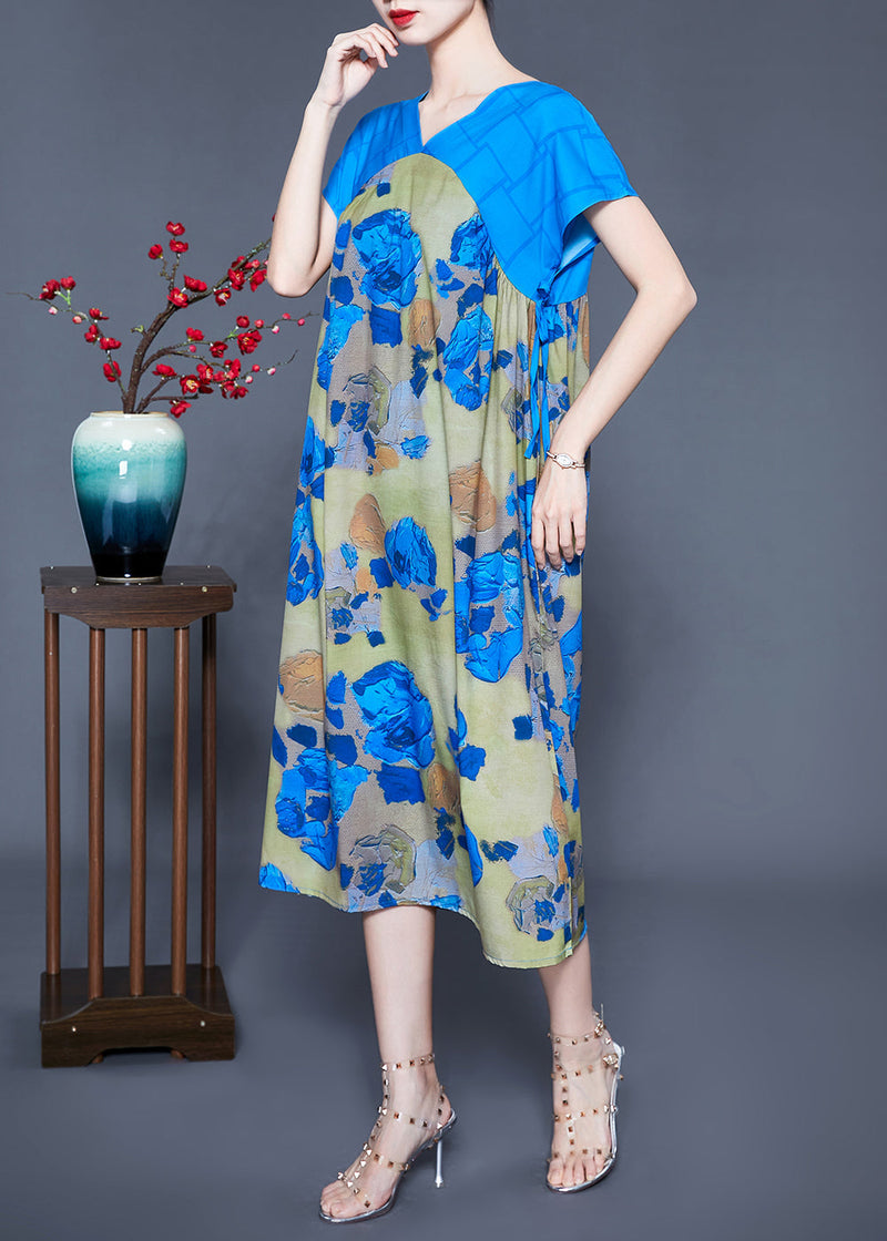 Blue V Neck Patchwork Print Silk Holiday Dress Summer