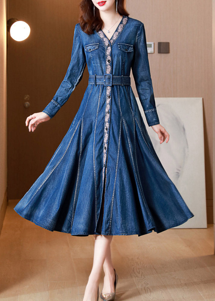 Blue V Neck Print Button Sashes Silk Denim Maxi Dresses Long Sleeve